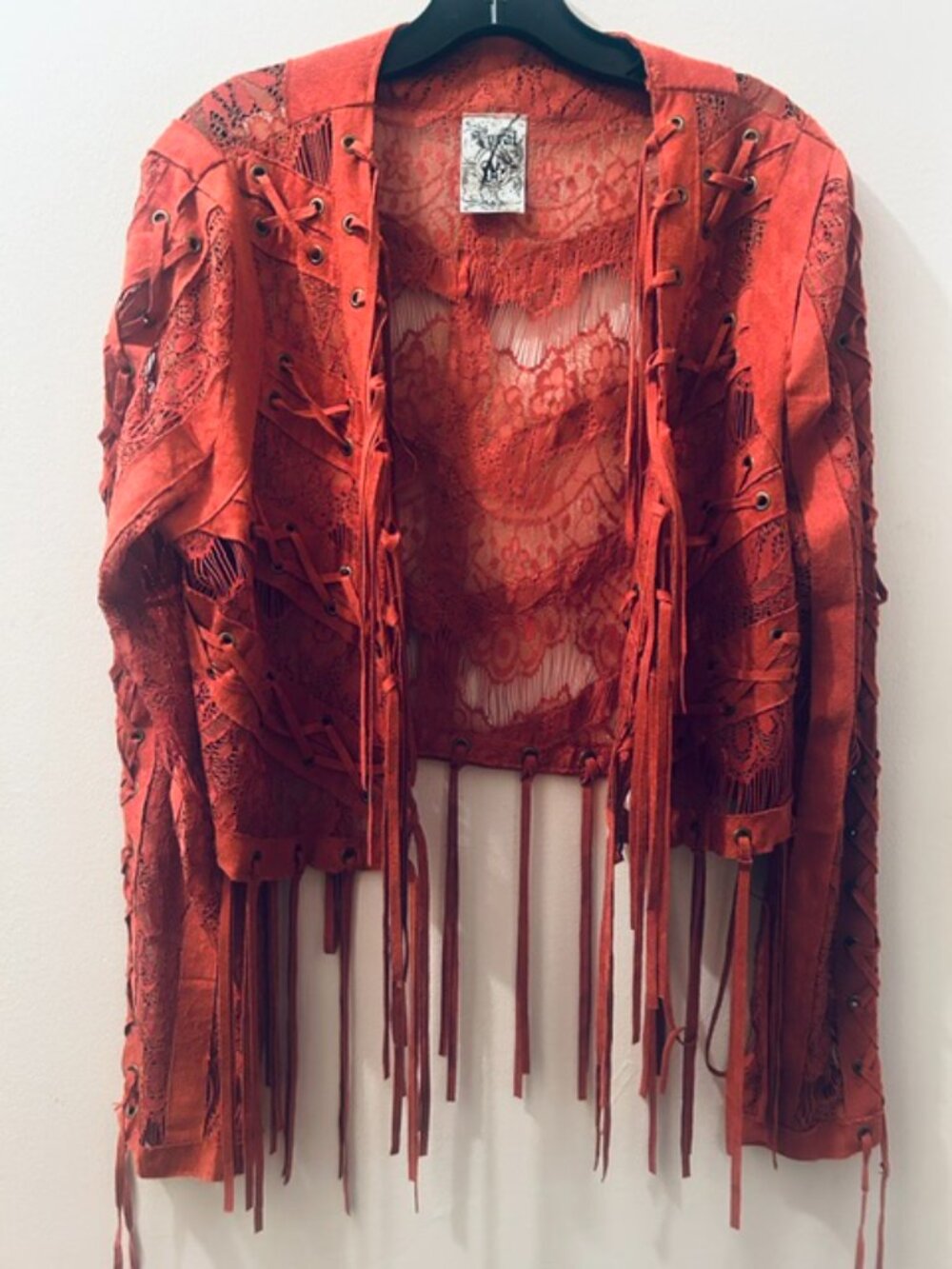 Vocal Women's Red Brick Suede Lace Stitching Fringe Open Tassel Jacket NEW - Picture 10 of 16